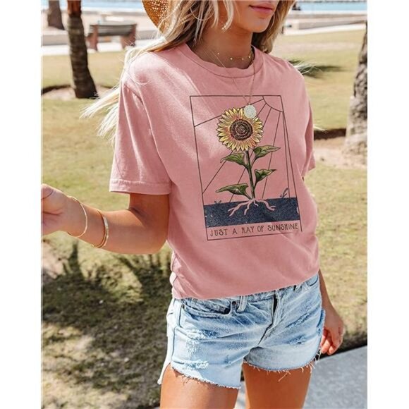 Pink Boho Floral Graphic Print T-Shirt Cuteā Sunflower TShirt Tee Tops - Picture 1 of 6